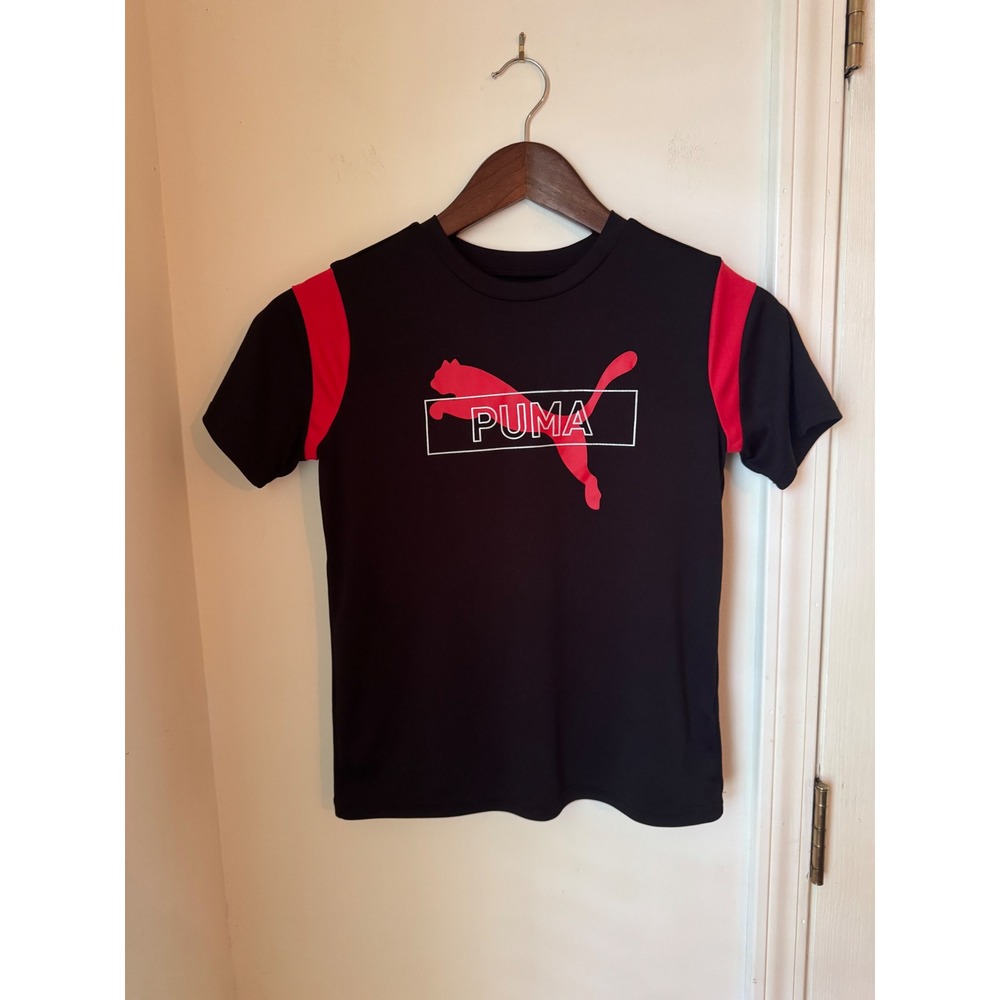 Puma Kids Athletic T-Shirt Black Red Graphic Logo‎ Performance Tee Short Sleeve